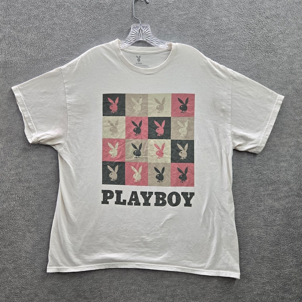 Playboy Men Shirt XL White Logo Bunny Graphic Short Sleeve Crew Neck READ